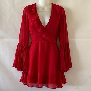 Keepsake Red Chiffon Mini Dress Sz XS Bell Sleeve V Neck Ruffle Feminine Event